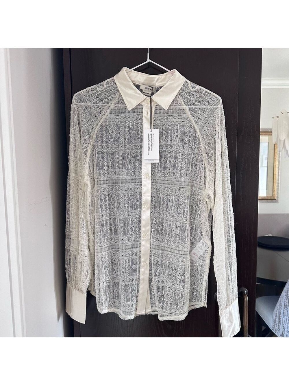 Jason Wu Ivory Lace Button Down party Blouse w/Satin Trim  XS ( watch video pls)